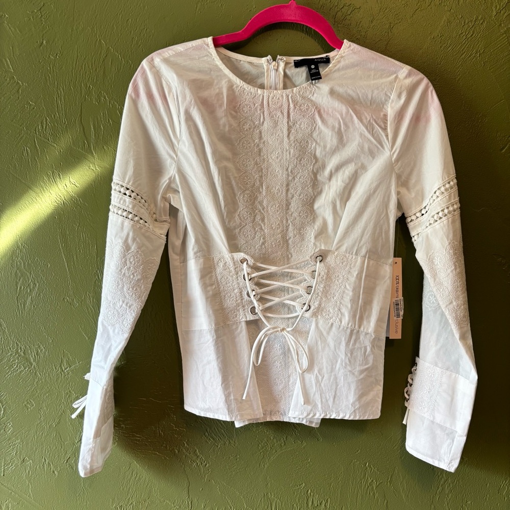 NWT Aqua White Boho Lace-Up Blouse XS